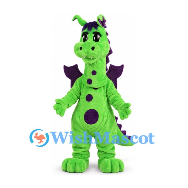 Green Dragon Mascot Costume with Purple Wings and Spots