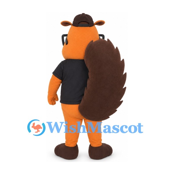 Orange Beaver Mascot Costume with Glasses and Black T-Shirt