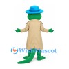 Green Crocodile Mascot Costume with Blue Hat and Beige Coat