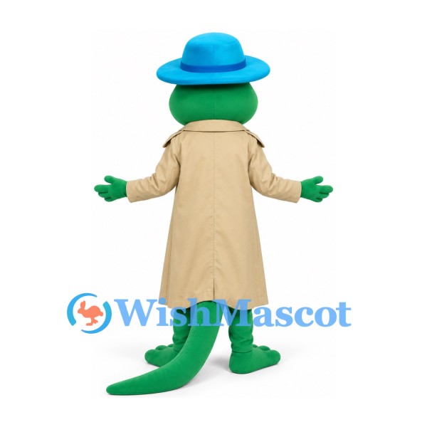 Green Crocodile Mascot Costume with Blue Hat and Beige Coat