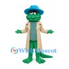 Green Crocodile Mascot Costume with Blue Hat and Beige Coat
