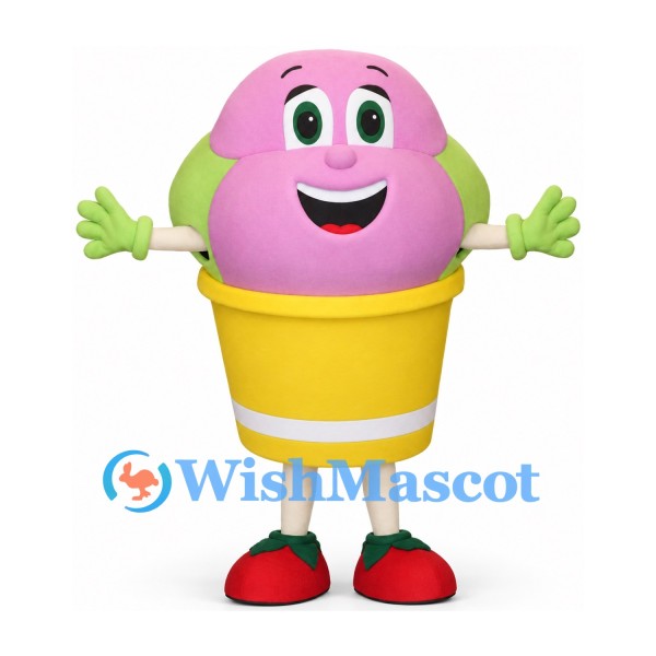 Flower Pot Mascot Costume with Pink Bloom and Yellow Pot