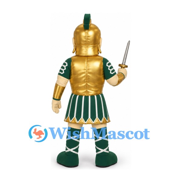 Roman Warrior Mascot Costume with Gold Armor and Green Skirt