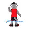 Gray Dog Mascot Costume with Red Sports Shirt and Black Shorts
