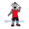 Gray Dog Mascot Costume with Red Sports Shirt and Black Shorts