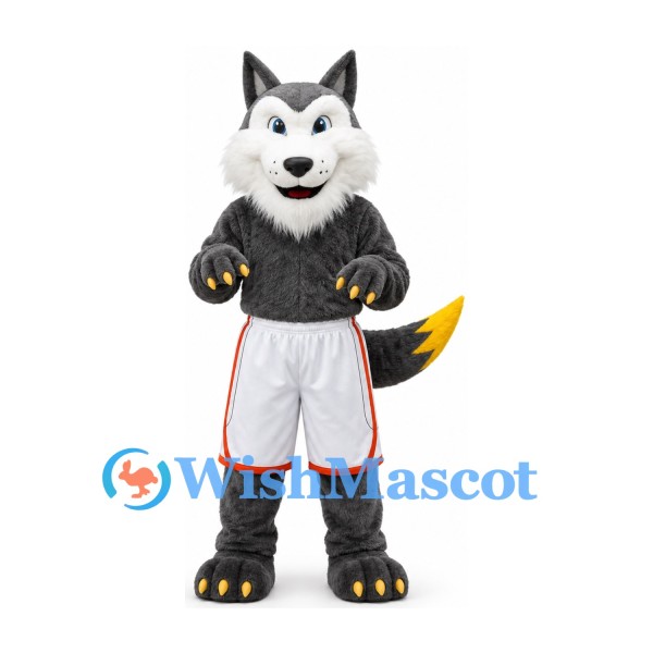 Gray Wolf Mascot Costume with White Sports Shorts