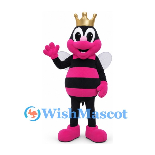 Pink Bee Mascot Costume with Gold Crown and White Wings