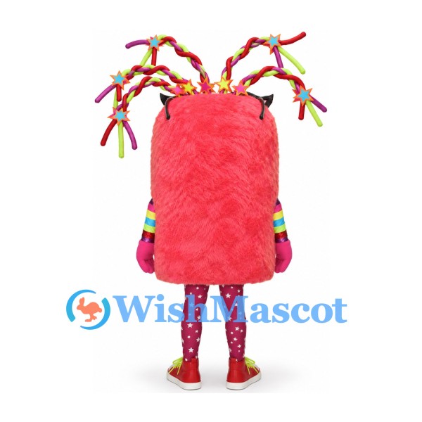 Pink Monster Mascot Costume with Colorful Ribbon Hair and Glasses
