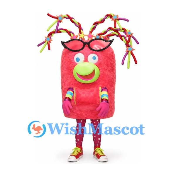 Pink Monster Mascot Costume with Colorful Ribbon Hair and Glasses