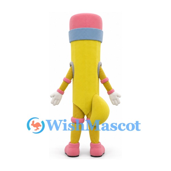 Yellow Pencil Mascot Costume with Pink Eraser and Shoes