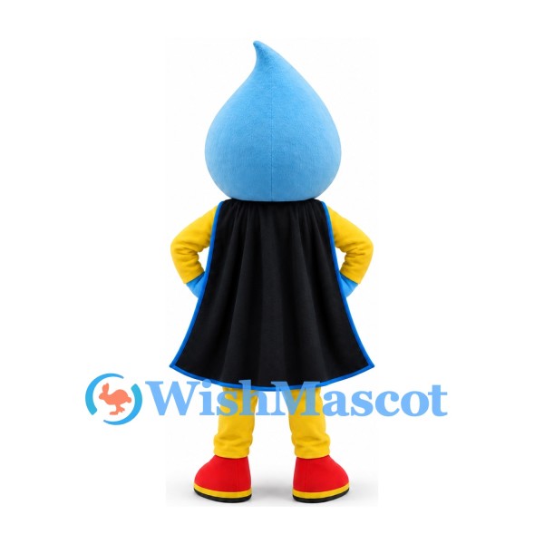Water Drop Mascot Costume with Yellow Superhero Suit and Black Cape