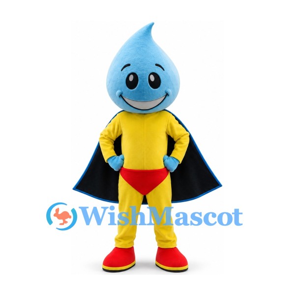 Water Drop Mascot Costume with Yellow Superhero Suit and Black Cape