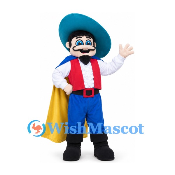 Man Mascot Costume with Teal Hat and Yellow Cape