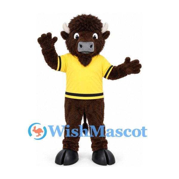 Brown Bison Mascot Costume with Yellow Sports Shirt