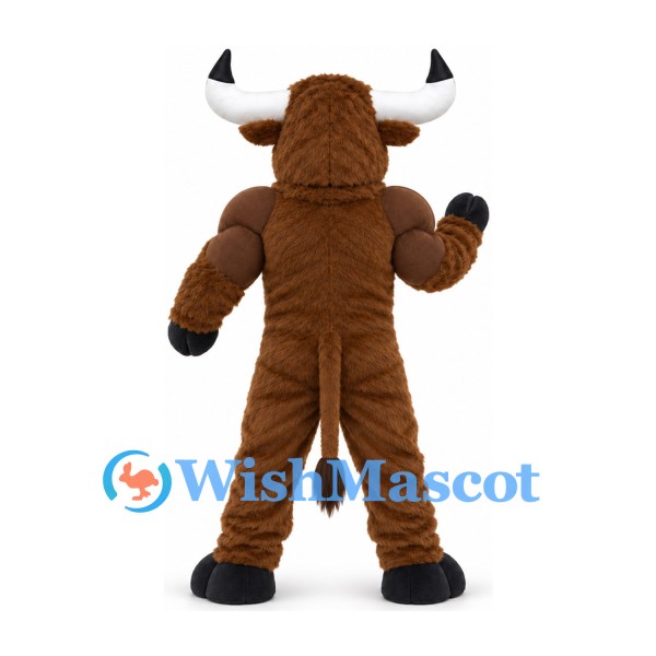 Brown Bull Mascot Costume with Muscular Chest and White Horns