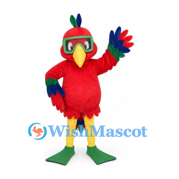 Red Parrot Mascot Costume with Green Goggles and Flippers