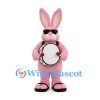 Pink Rabbit Mascot Costume with Sunglasses and Drum