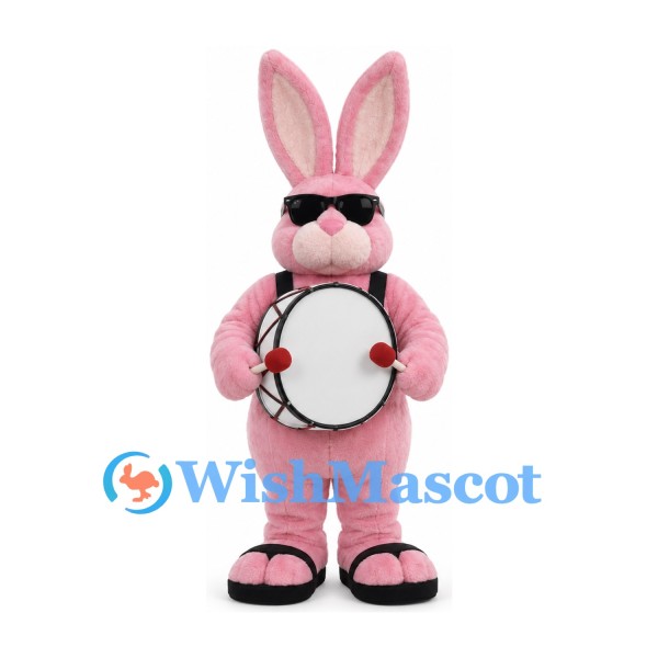 Pink Rabbit Mascot Costume with Sunglasses and Drum