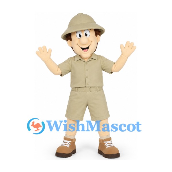 Explorer Mascot Costume with Beige Safari Outfit and Helmet