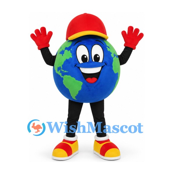 Earth Globe Mascot Costume with Red Cap and Gloves
