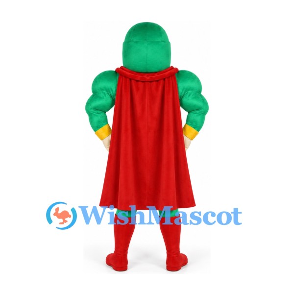 Superhero Mascot Costume with Green Muscle Suit and Red Cape