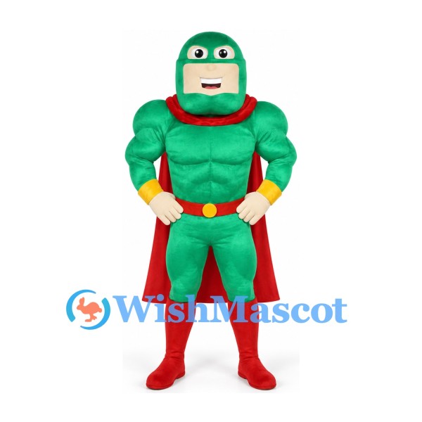 Superhero Mascot Costume with Green Muscle Suit and Red Cape