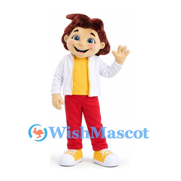 Boy Mascot Costume with Brown Hair and White Jacket