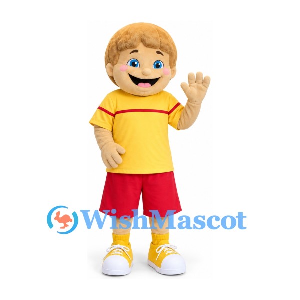 Boy Mascot Costume with Blonde Hair, Yellow Shirt and Red Shorts