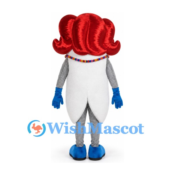 Tooth Mascot Costume with Red Hair and Blue Gloves