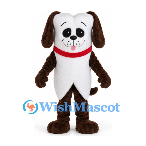Dog Tooth Mascot Costume with Brown Ears and Red Collar
