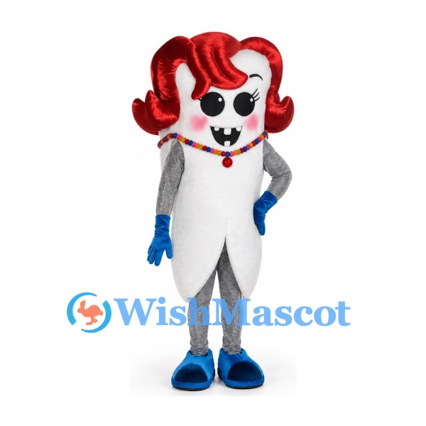 Tooth Mascot Costume with Red Hair and Blue Gloves