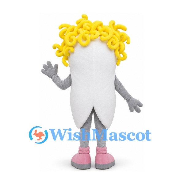 Tooth Mascot Costume with Yellow Curly Hair and Pink Shoes