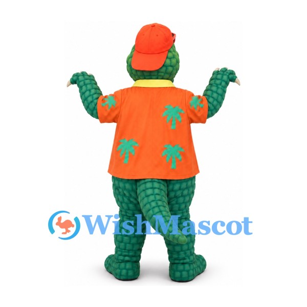 Green Crocodile Mascot Costume with Orange Tropical Shirt