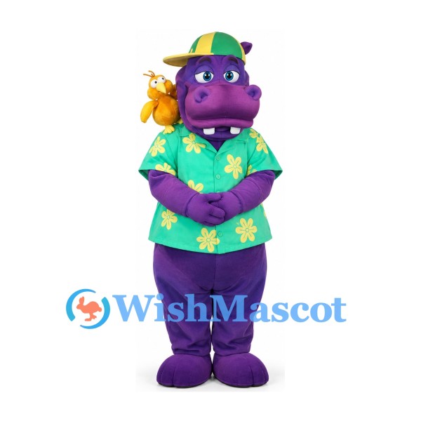 Purple Hippo Mascot Costume with Green Hawaiian Shirt and Cap
