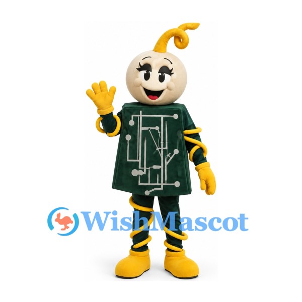 Robot Mascot Costume with Green Circuit Board Dress and Yellow Cables