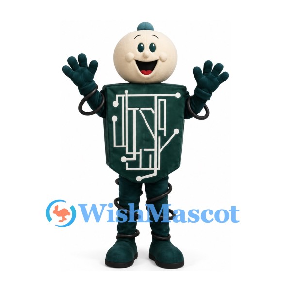 Robot Mascot Costume with Green Circuit Board Body and Silver Antenna