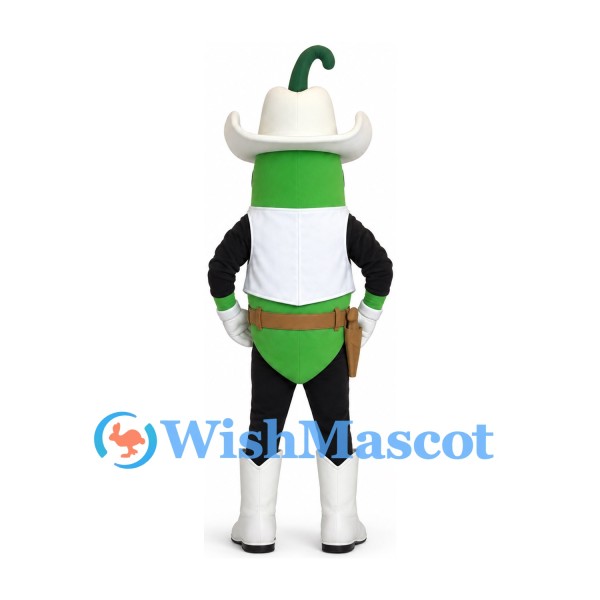 Green Chili Pepper Mascot Costume with White Cowboy Hat