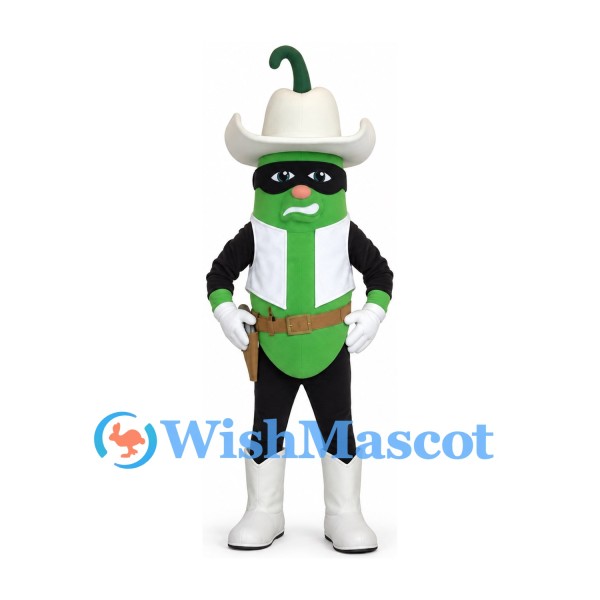 Green Chili Pepper Mascot Costume with White Cowboy Hat