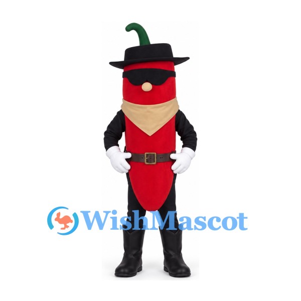 Red Chili Pepper Mascot Costume with Black Cowboy Hat