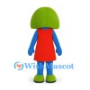 Blue Character Mascot Costume with Green Bob Hair and Red Dress