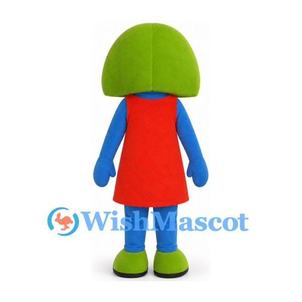 Blue Character Mascot Costume with Green Bob Hair and Red Dress