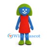 Blue Character Mascot Costume with Green Bob Hair and Red Dress