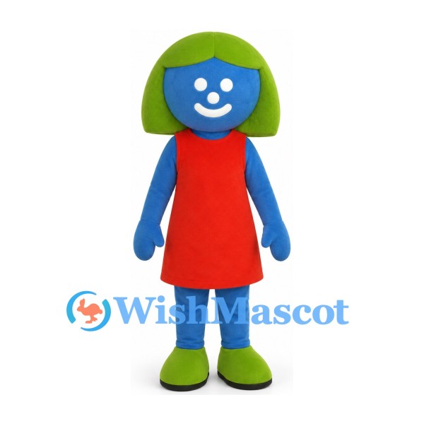 Blue Character Mascot Costume with Green Bob Hair and Red Dress