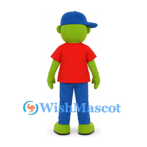 Green Character Mascot Costume with Blue Cap and Red Shirt