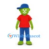 Green Character Mascot Costume with Blue Cap and Red Shirt