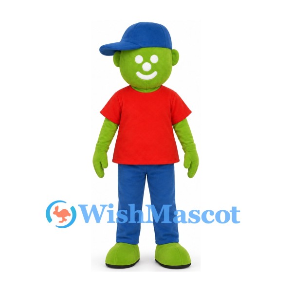 Green Character Mascot Costume with Blue Cap and Red Shirt
