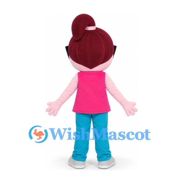 Girl Mascot Costume with Burgundy Hair, Glasses and Pink Top