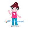 Girl Mascot Costume with Burgundy Hair, Glasses and Pink Top