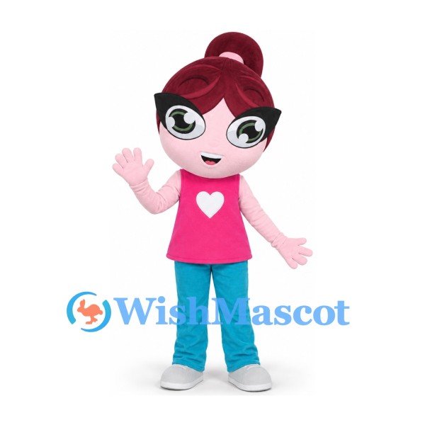 Girl Mascot Costume with Burgundy Hair, Glasses and Pink Top