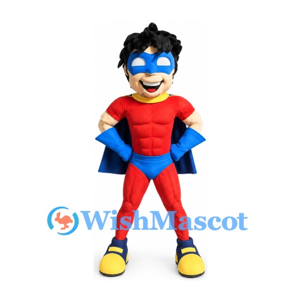 Superhero Mascot Costume with Red Muscle Suit and Blue Cape